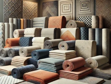 DALL·E 2024-09-15 13.09.42 - A realistic display of various carpets in a showroom setting. The image shows a selection of different carpets, neatly arranged in a variety of styles